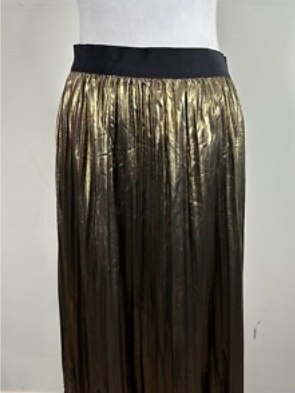 Philosophy Metallic Gold Pleated Maxi Skirt with Black Waistband